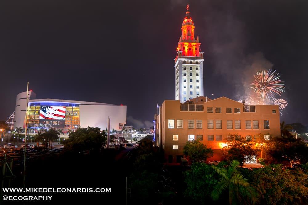 Miami, Florida - 4th of July fireworks over Miami, FL with the Freedom Tower and the American Airlines Arena in the foreground.