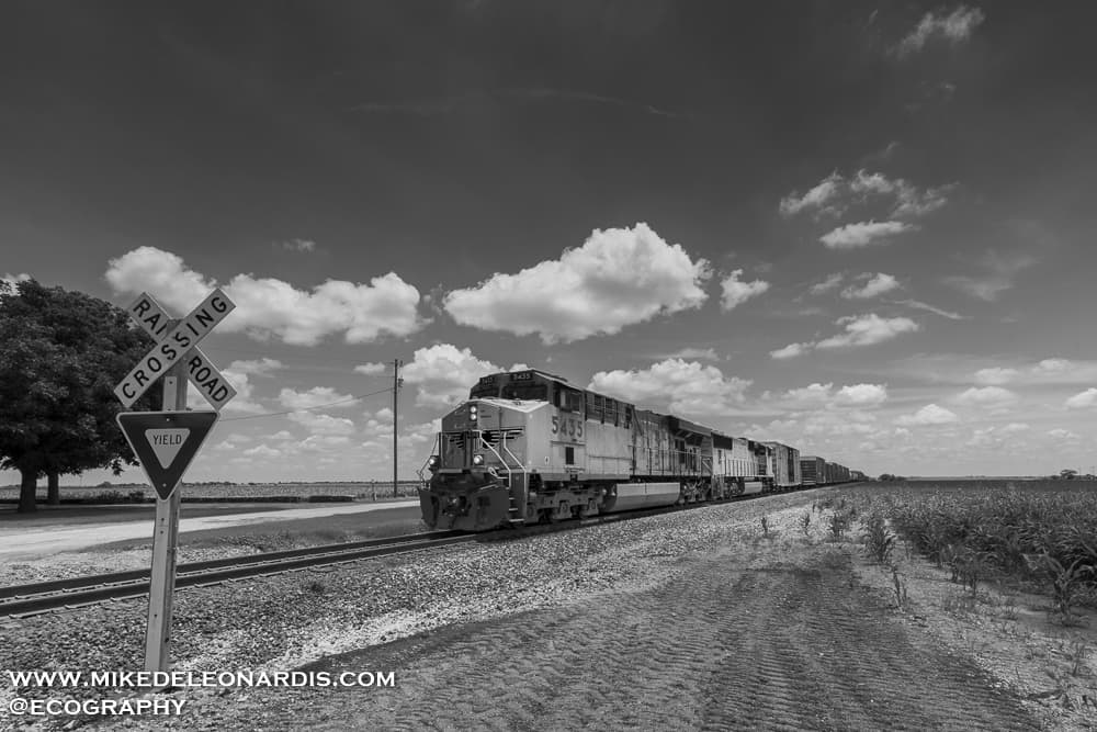 Texas - I've always found trains fascinating. I took this picture southeast of Austin, TX as I was driving aimlessly looking for cloud formations over the landscape. The clouds weren't cooperating but then I heard a loud blaring train horn and noticed a train approaching from the distance. There was no crossing arm for the train and as you can see in the picture there's only a yield sign. As a result, the train was only moving at most 10 mph. This also allowed me to leave the shutter open a tad longer so I could get a better depth of field. He even waved at me as he went past me.